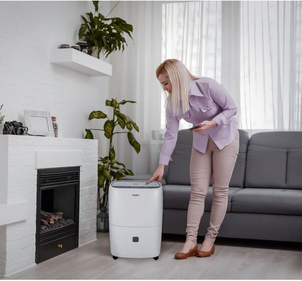 Whirlpool 20-Pint Portable Dehumidifier with Auto-Shutoff & Timer, Home Dehumidifier and Moisture Absorber For Basement, Garage, Living Room in White
