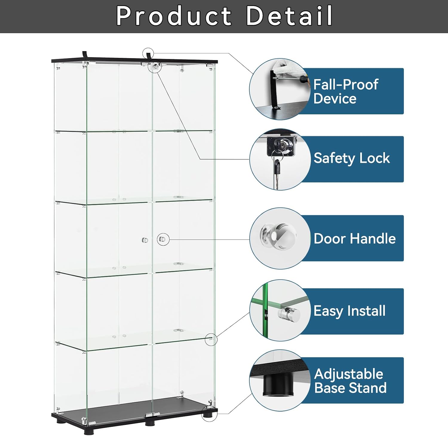 APRILSOUL Glass Display Cabinet 5-Shelf with Double Door, Curio Display Cabinet with 5mm Tempered Glass, Floor Standing Bookshelf for Bedroom, Living Room, 74.5 x 31.7 x 14.3 in, Black