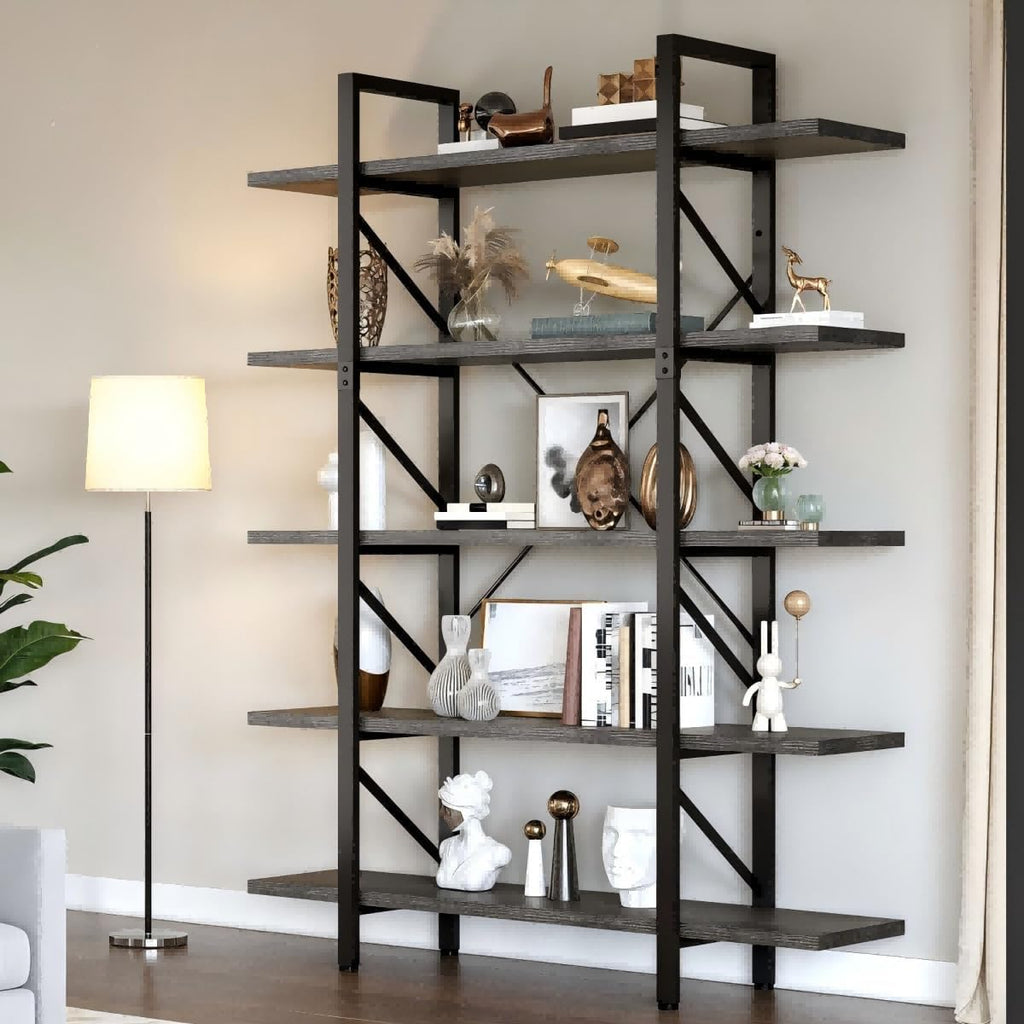 DWVO 5-Tier Bookshelf, 70.9' Tall Bookshelves Vintage BookCases with 5 Shelves Display Storage Shelves for Home Office, Living Room, Charcoal Gray
