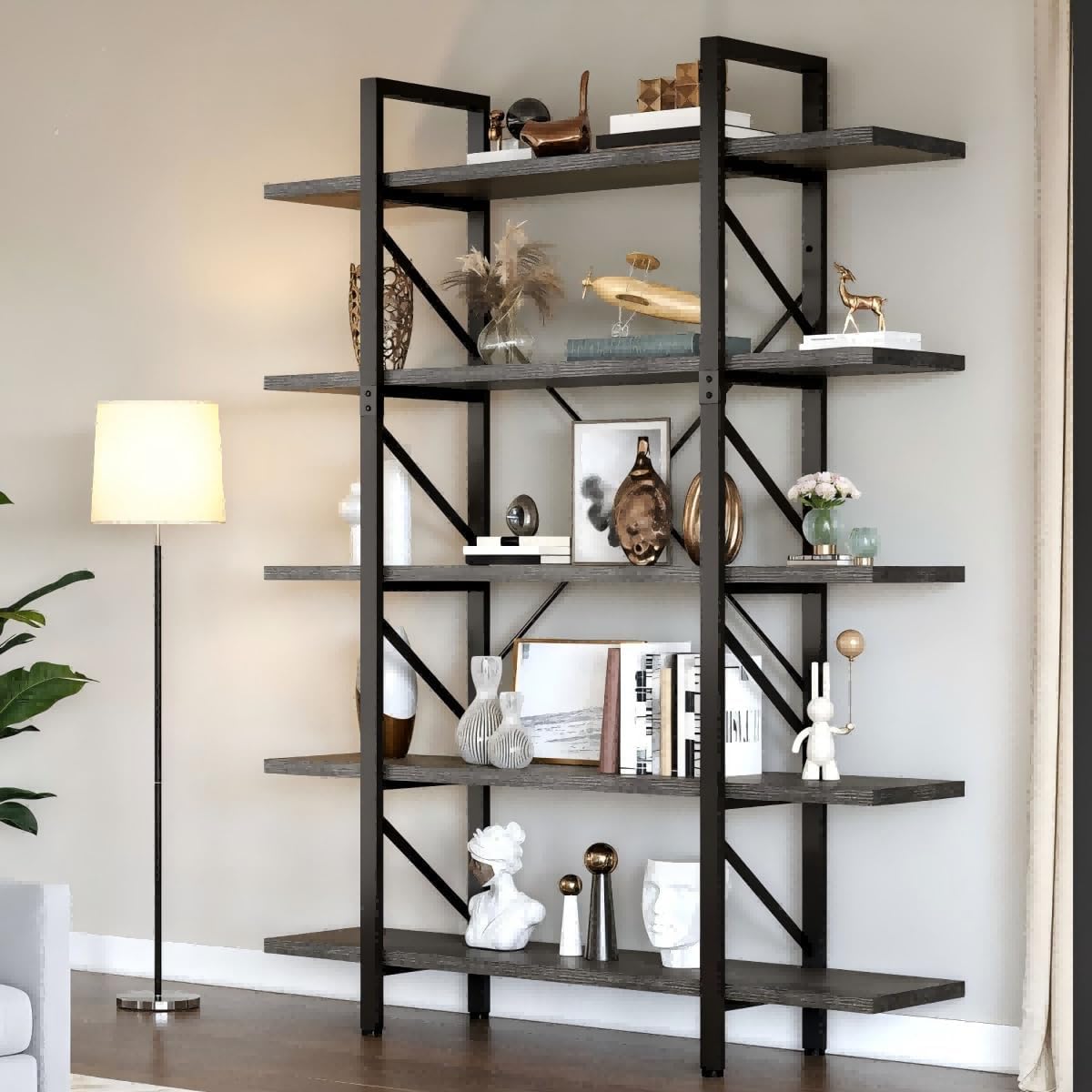 DWVO 5-Tier Bookshelf, 70.9' Tall Bookshelves Vintage BookCases with 5 Shelves Display Storage Shelves for Home Office, Living Room, Charcoal Gray