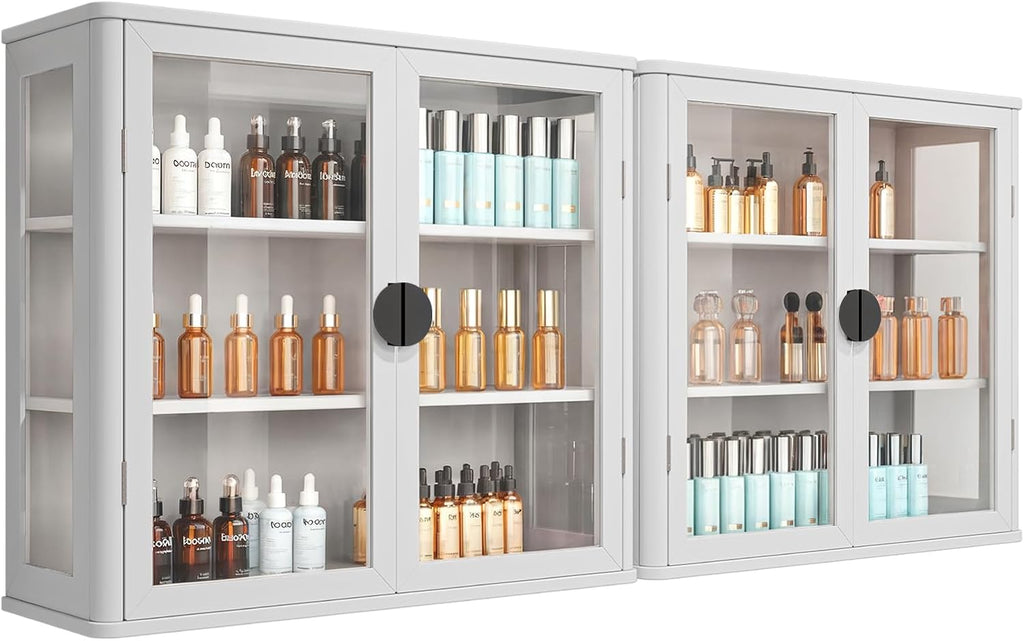 FIMELLO 56''W Wall Cabinet with Tempered Glass Doors, Bathroom Cabinet Wall Mount, Kitchen Wall Cabinet, Floating Cabinet for Bathroom, Wall Mount Salon Station for Barber, Beauty, White