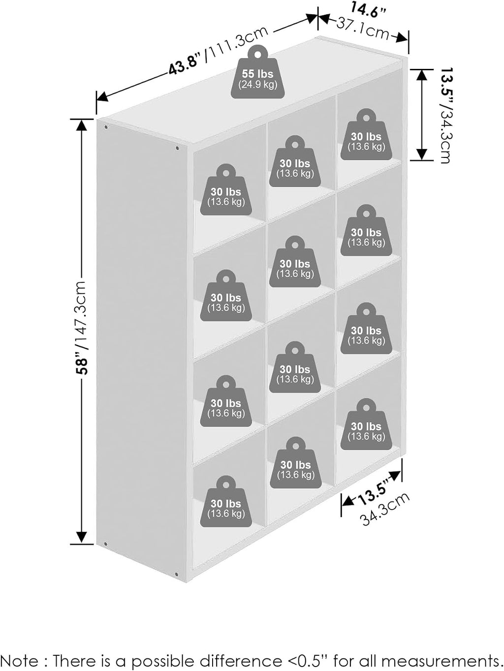 Furinno Simple Cube Storage Organizer, 12-Cube Display Shelf, Open Back Shelving Unit, Storage Shelves, Extra Thick Frame, for Organization and Storage, Living Room, Home Office, White