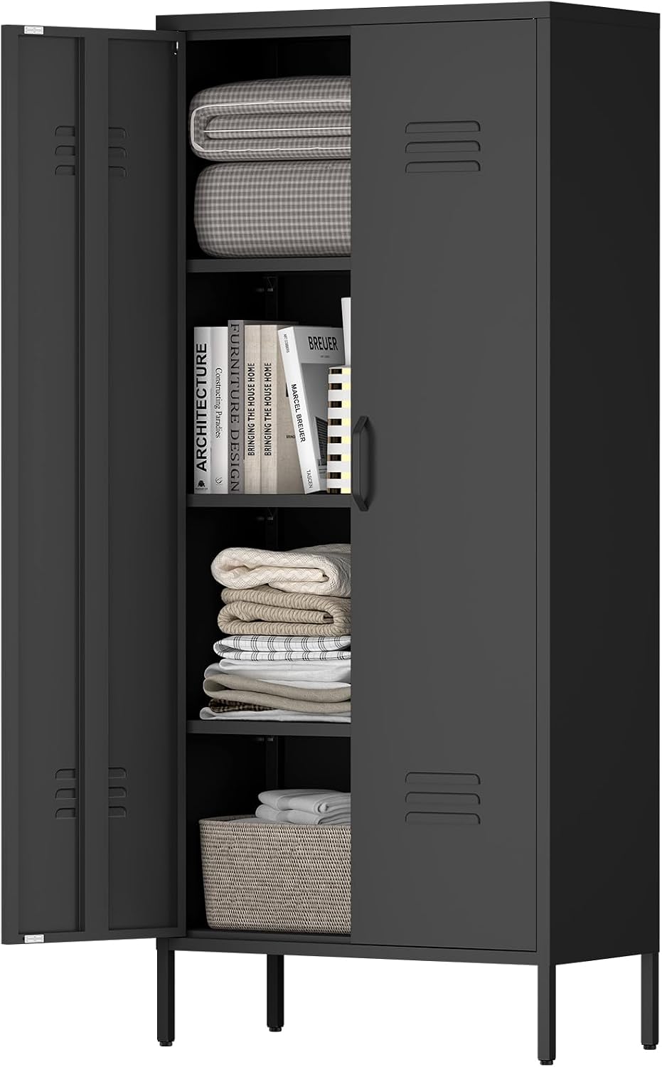 IRONFFICE Storage Cabinet,Metal Cabinets with Doors and Shelves,2 Door Metal Storage Cabinets with Legs,Black Tall Cabinet for Home Office,Utility Room