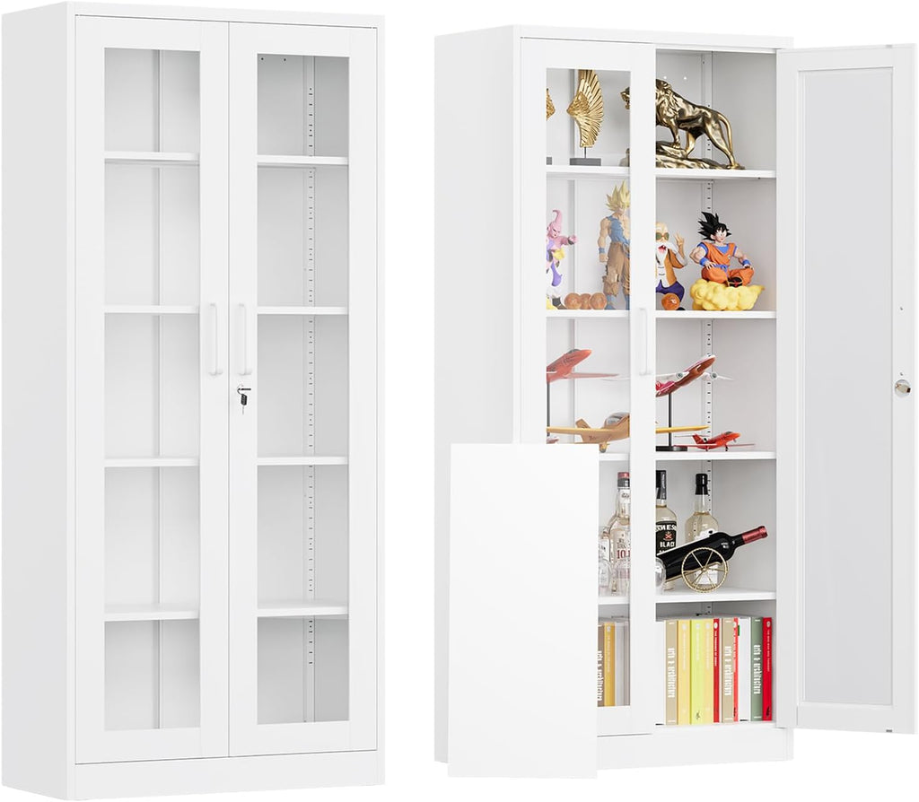 Locking Display Cabinet with Glass Door, 71'H Metal Curio Cabinets with Adjustable Shelves, White Liquor Caninet Display Case for Living Room, Collectibles, Clinic, Home - Assembly Required