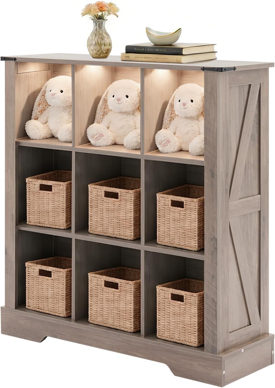 9 Cube Storage Organizer with LED Lights, Wooden Cube Bookcase with Back Panel, Grey Cube Shelf Freestanding Bookshelf, Hallway TV Stand for Living Room, Bedroom, Office