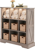 9 Cube Storage Organizer with LED Lights, Wooden Cube Bookcase with Back Panel, Grey Cube Shelf Freestanding Bookshelf, Hallway TV Stand for Living Room, Bedroom, Office