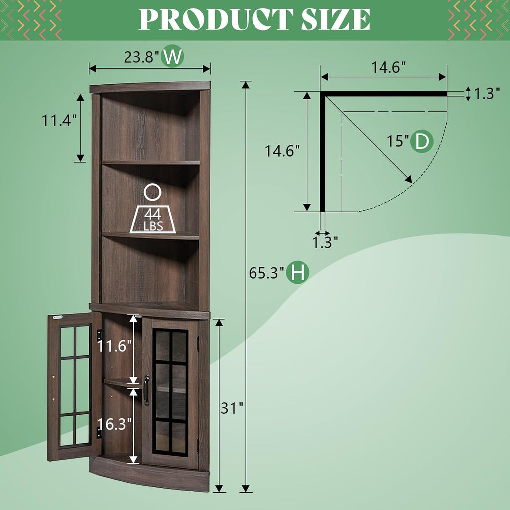 AMERLIFE Curved Corner Storage Cabinet, 65' Tall Freestanding Bookcase with Glass Doors & Adjustable Shelves, 5-Tier Corner Display Cabinet for Living Room, Bathroom, Laundry Room, Espresso