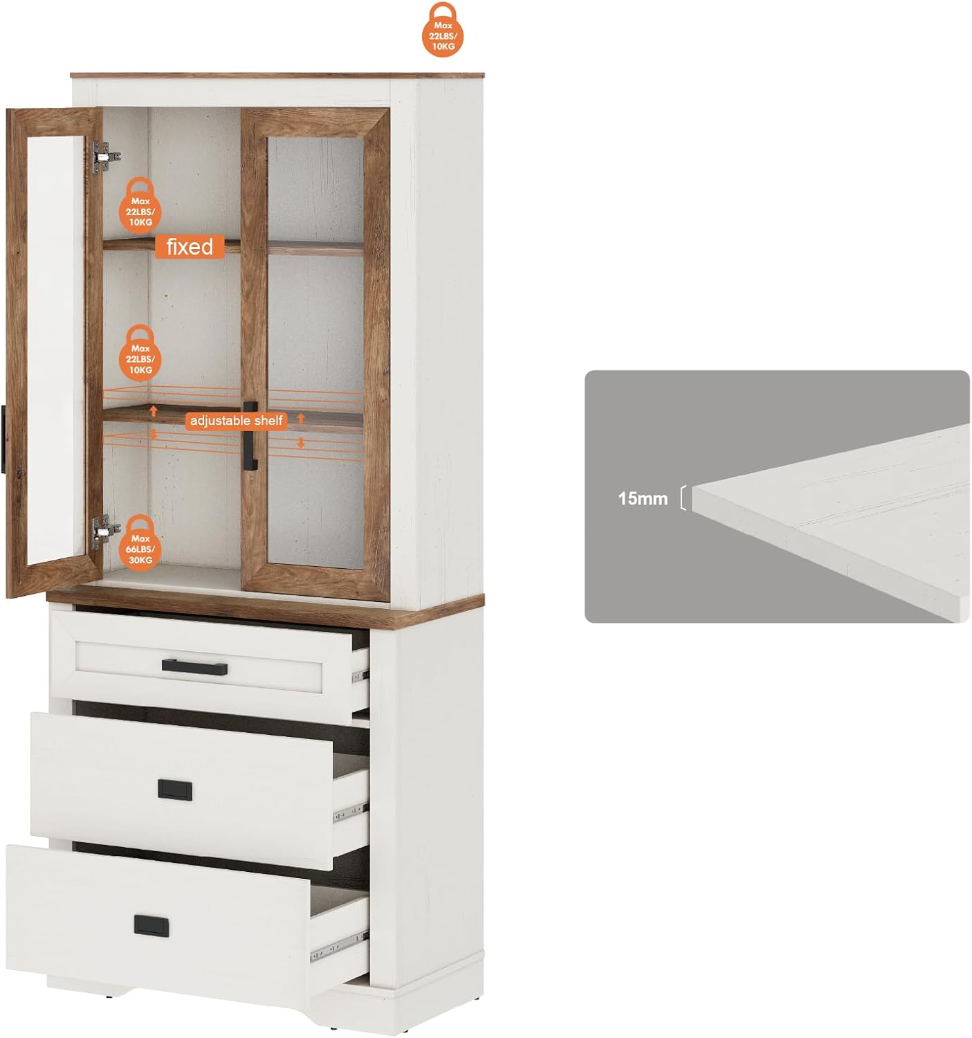 WAMPAT 73.3' Tall Bookcase with Glass Door, 31.5' Wide Rustic Wood Bookshelves with Chest of Drawers, Modern Farmhouse Display Storage Cabinet with Adjustable Shelves for Home,Office,White&Oak