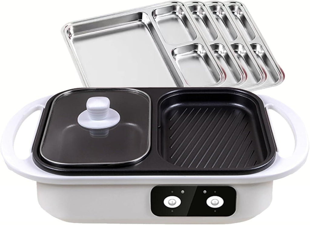 Electric BBQ Pot Frying Pan | Electric Contact Grills with Dual Disc | Nonstick Multi-Cookers for Indoor and Outdoor Barbecue | Toughened Glass Cover | Easy to Cooking and Clean,white