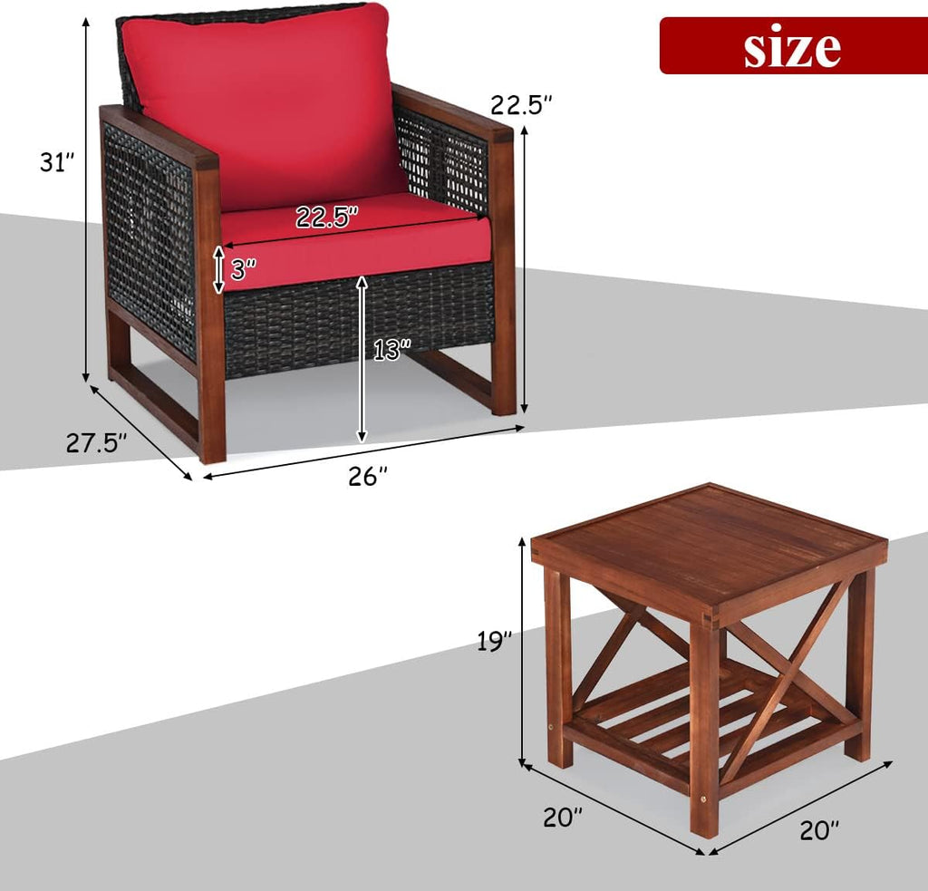 Tangkula 3 Pieces Patio Wicker Furniture Set, Rattan Outdoor Sofa Set w/Washable Cushion & Acacia Wood Coffee Table, Conversation Bistro Set for Garden Balcony Backyard (Red)