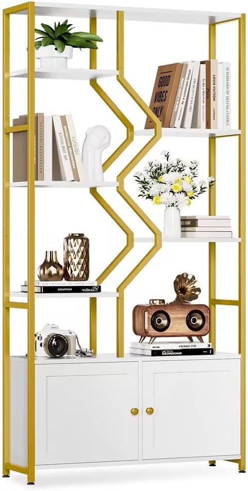 Keyluv 76' Tall Gold Bookshelf with Cabinet Storage, Multifunctional Open Display Bookcase with Door, Large Book Shelf Organizer for Living Room, Home, Office, Heavy Duty Metal & Wood, Modern White