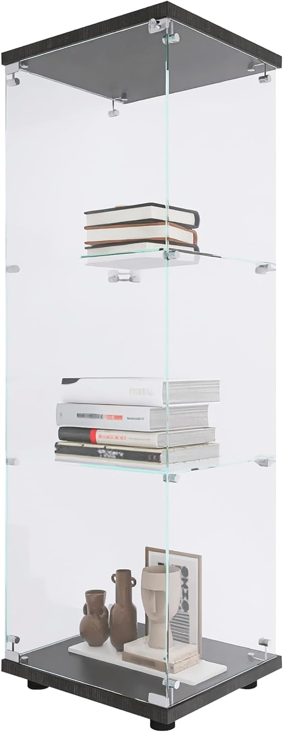 Beauty4U One-Door Glass Display Cabinet, Black Curio Cabinets for Living Room, Bedroom, Office, Collection Display, Quick Installation in 30 Mins, 3 Shelves Black Floor Standing Glass Bookshelf