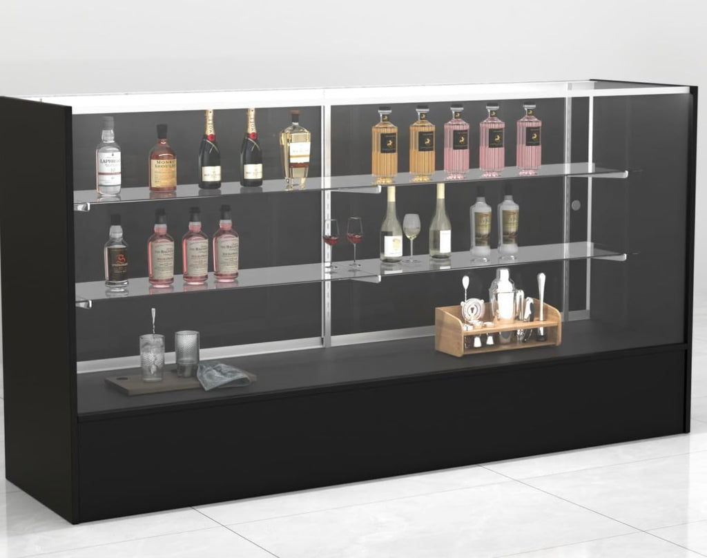 WISDOMFUR Full Vision Display Cabinet – 72' Glass Showcase with LED Light, Adjustable Shelves, Locking Sliding Doors – Retail Display Counter with Black Wood Base