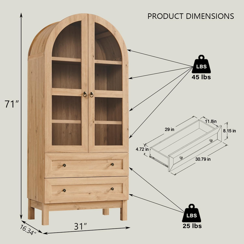 IFGET 71' Tall Arched Kitchen Pantry, Modern Farmhouse Wood Kitchens Storage Cabinets with 2 Large Drawers and Adjustable Shelves, Versatile Cupboard for Kitchen, Dining Room, Bathroom, Natrual