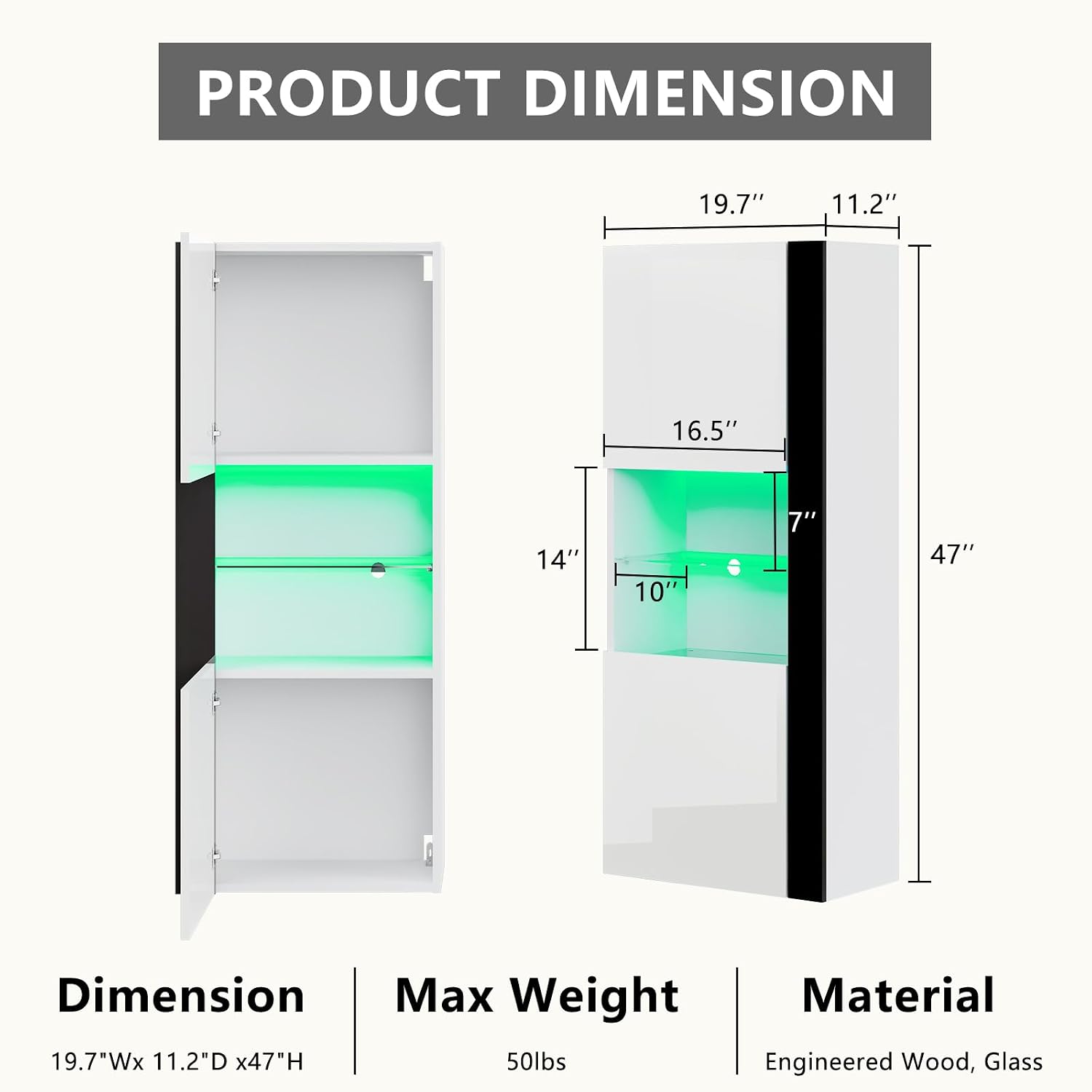 AMERLIFE Wall Storage Cabinets with LED Lights, Modern High Gloss Hanging Cabinets with 4 Closed Doors & Open Glass Shelves, for Living Room/Bedroom/Office, White(Set of 2)