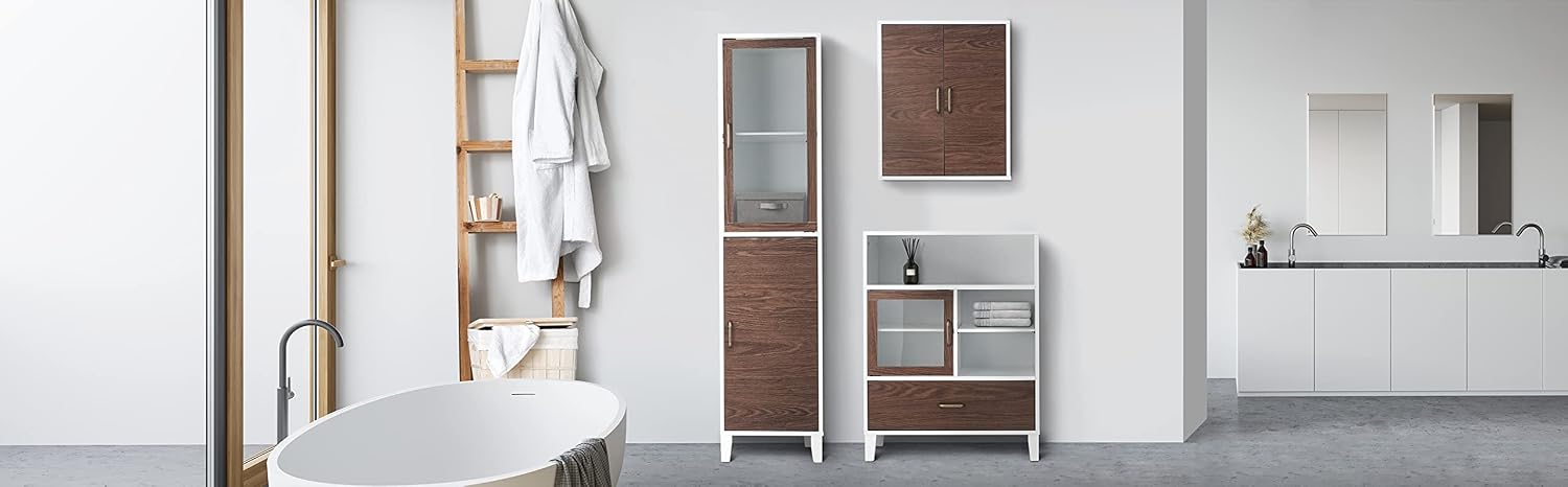 Teamson Home Tyler Modern Wooden Floor Storage Cabinet with Drawer for Bathrooms, Living Rooms, Hallways, Walnut/White