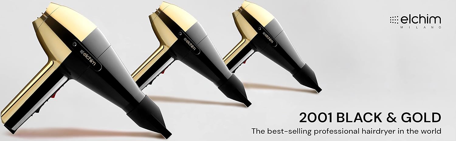 Elchim - Classic 2001 High Pressure Professional Hair Dryer with Long-Life Motor and High Compression Technology - Gold & Black, 1875 Watts
