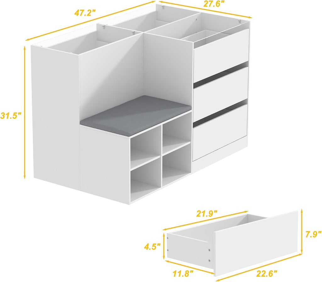 Glass Display Cabinet Closet Island, Glass Top Storage Cabinet for Retail, Collectibles Showcase with 9 Dawers & Shoe Bench, Walk in Display Island for Retail Shop, Cloakroom, White