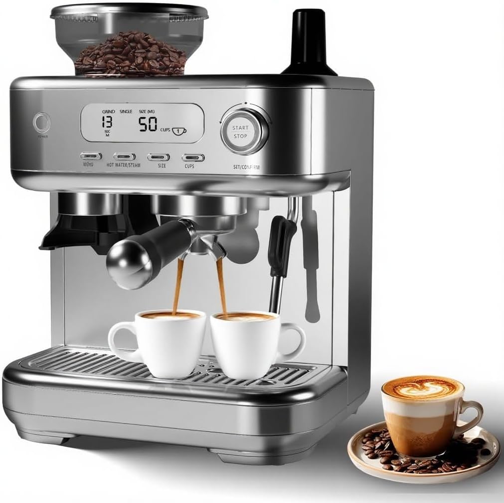 Automatic Espresso Machine With Built-In Grinder, Steam Milk Frother, LCD Display, 78 Oz Removable Water Tank, For Cappuccino And Latte