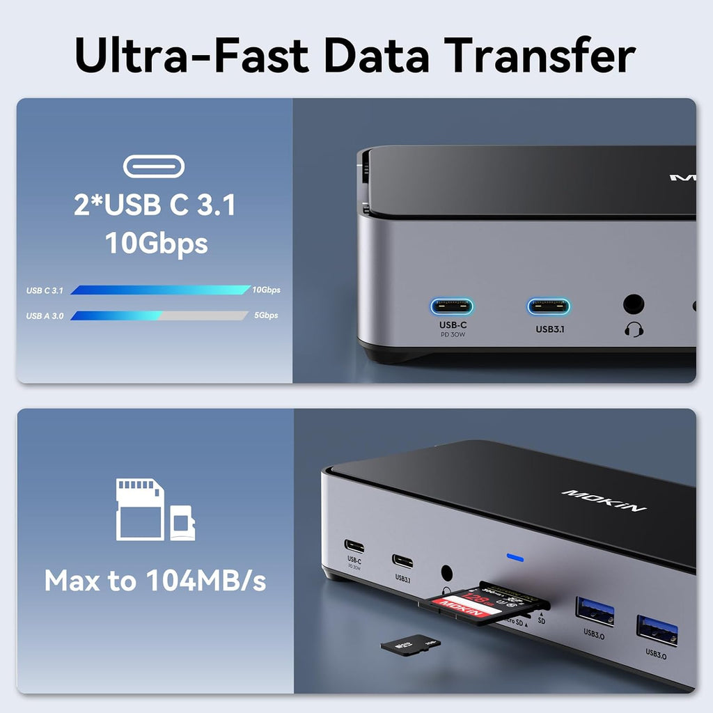 USB C Docking Station 3 Monitors Laptop USB C Dock Dual Monitor with 2 HDMI DisplayPort 4K144Hz,USB A 2.0/3.0,USBC 3.1 10Gbps&30W Output,Ethernet,microSD&SD,Audio&Mic,150W DC Power for Dell/Lenovo/HP