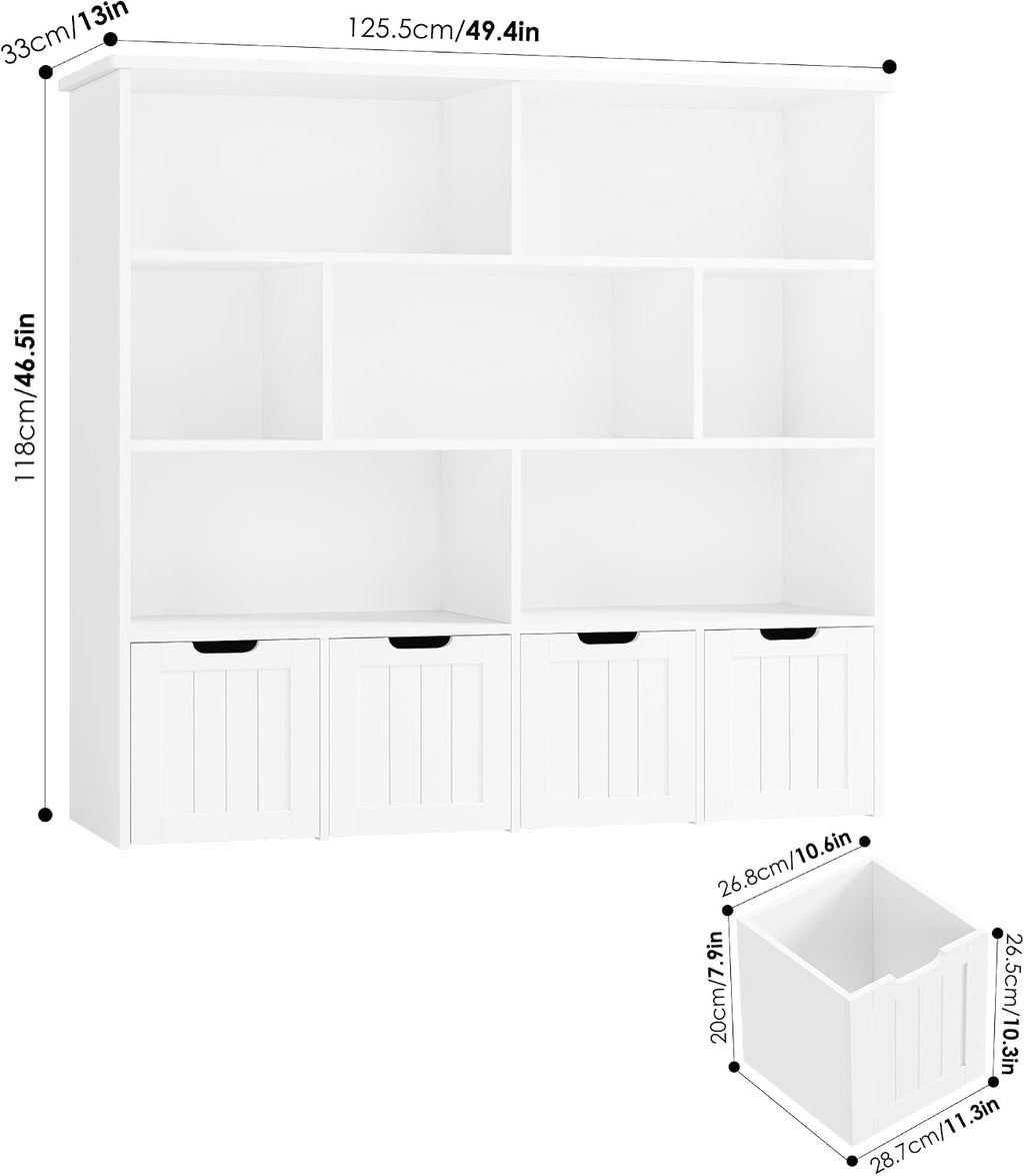 FINETONES Toy Storage Organizer, Kids Bookshelf with 4 Movable Chests and 7 Storage Cubes, Toy Chest Storage with Hidden Wheels, Toy Organizers and Toy Storage, White