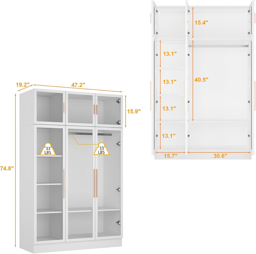 Wardrobe Cabinet with LED Lights, Armoire Closet with Glass Doors, Wooden Large Wardrobe with Hanging Rod & 5 Tiers Shelf, Modern Bedroom Armoire Clothes Organizer, White 47.2' W
