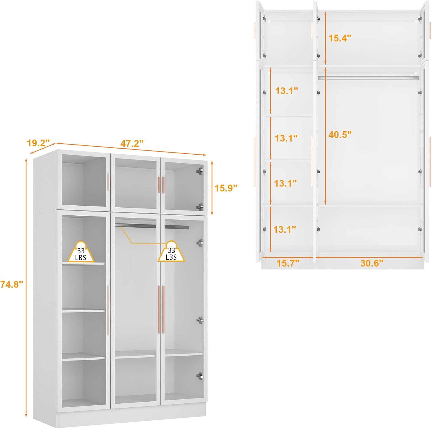 Wardrobe Cabinet with LED Lights, Armoire Closet with Glass Doors, Wooden Large Wardrobe with Hanging Rod & 5 Tiers Shelf, Modern Bedroom Armoire Clothes Organizer, White 47.2' W