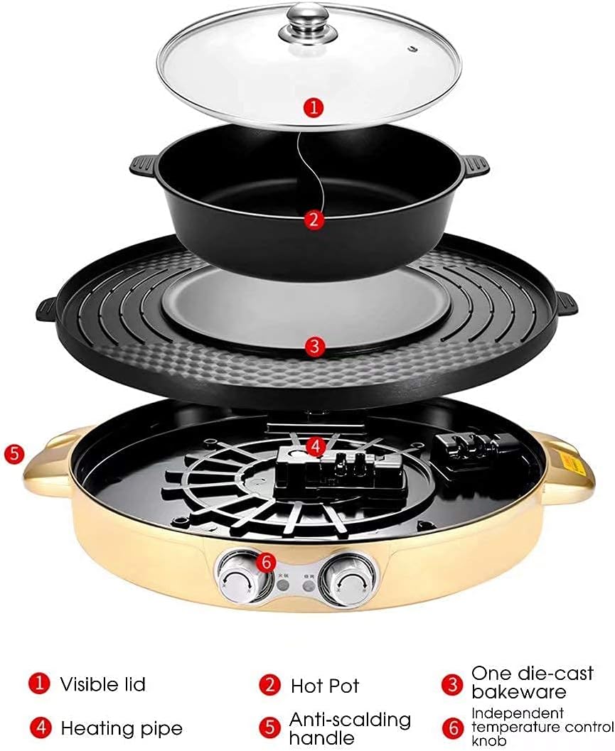 Portable Electric Grill,2-in-1 Electric Smokeless Grill Hotpot,Extra Large Surface Nonstick Pan,Adjustable Temperature Range 0°-1200°C,Indoor and Outdoor Use Useful (Gold B)