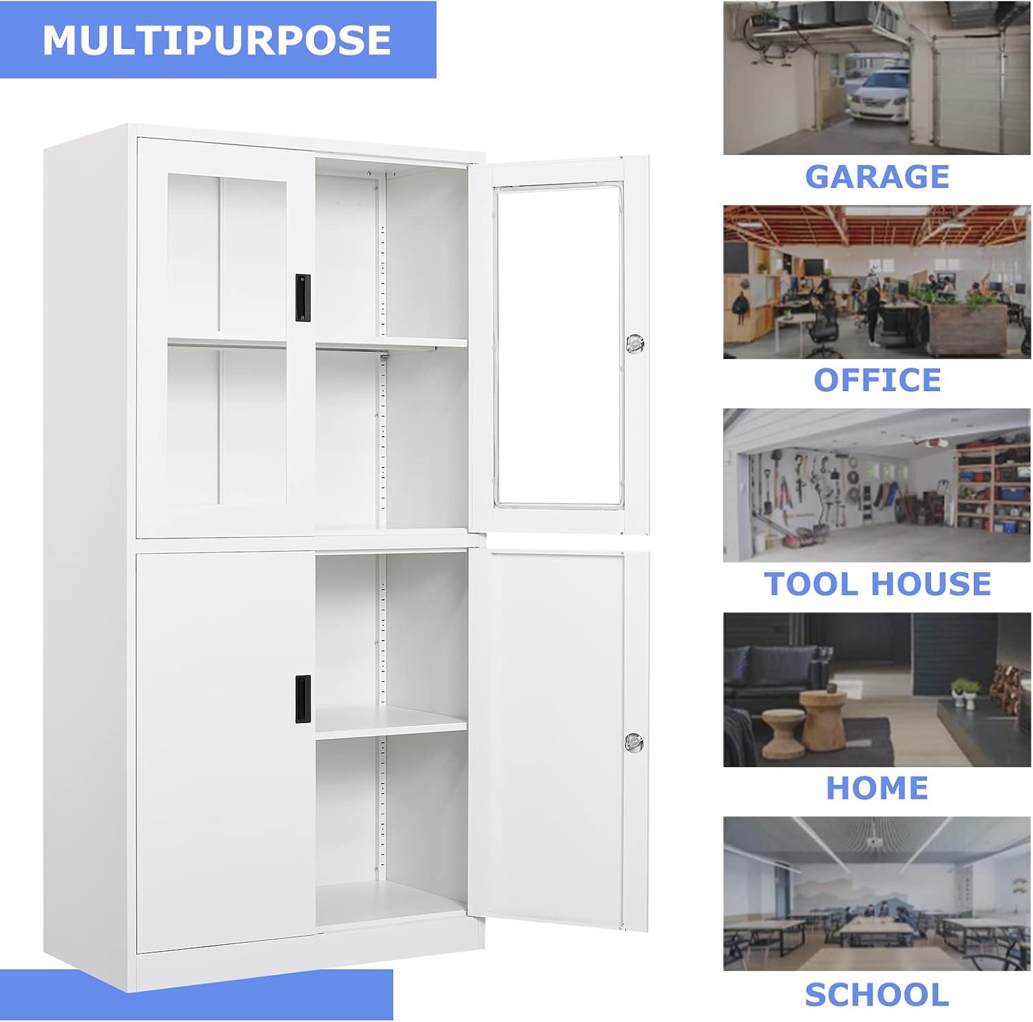 4 Door Display Cabinet with Adjustable Shelves, 71' Tall Display Cabinets with Glass Door, White Metal Display case, Locking Steel Storage Caninet for Home/Office/Living Room -Assembly Required