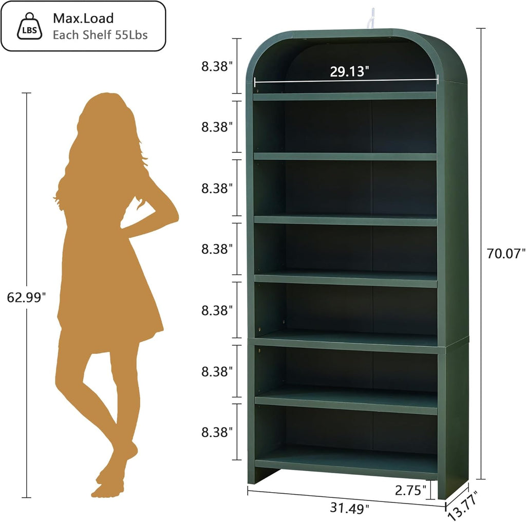 LEVNARY 70' Tall Arched Bookcase, 7-Tier Freestanding Storage Cabinet with Adjustable Shelves, Thick MDF Bookshelf for Bathroom Living Room Bedroom (Green)