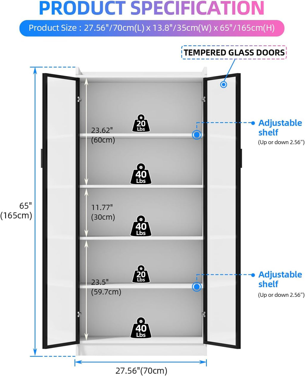FREDEES Display Cabinet with Glass Doors, 5-Tier Curio Cabinet with Motion Sensor RGB Lights, 65' Tall Glass Display Case with Adjustable Shelves for Collectibles, Figures, Books, White