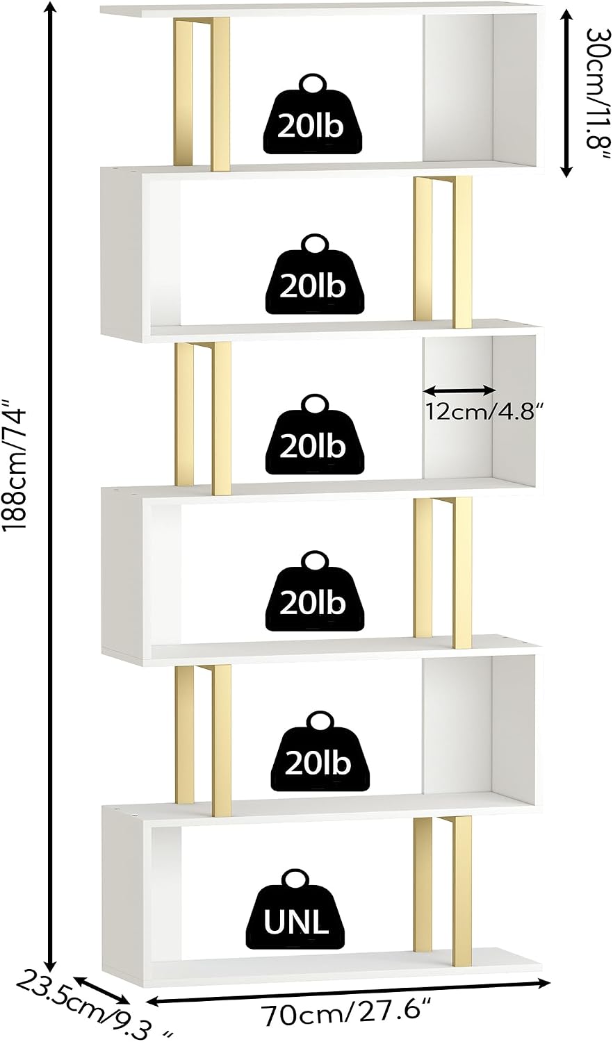 Yusong Geometric Bookcase, S Shaped Bookshelf 6-Tier Book Shelves for Bedroom, Modern Wood Decorative Display Shelf Tall Book Case for Home Office, Gold and White