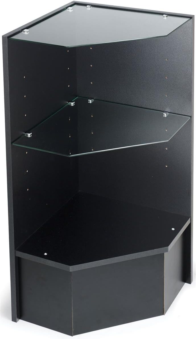 Black Melamine Corner Display Unit, with 2 Tempered Glass Shelves, to Stand Alone Or Within A Display Configuration