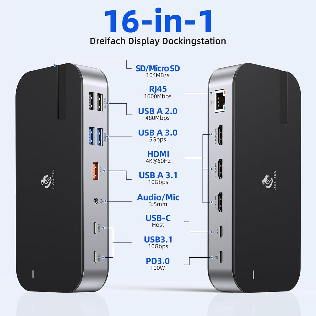 Laptop Docking Station,16 in 1 USB C Docking Triple Monitor,USB C Dock Station with 3 HDMI,PD 100W, USB 3.1/3.0/2.0,RJ 45 Ethernet,microSD/SD Card,Audio for Dell/Lenovo（Include Power Adapter）