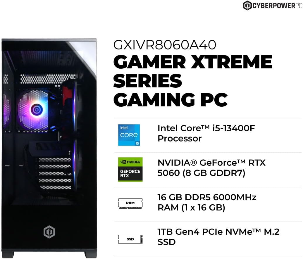 CyberPowerPC Gamer Xtreme VR Gaming PC, Intel Core i5-13400F 2.5GHz, GeForce RTX 5060 8GB, 16GB DDR5, 1TB PCIe 4.0 SSD, WiFi Ready & Windows 11 Home (GXiVR8060A40)