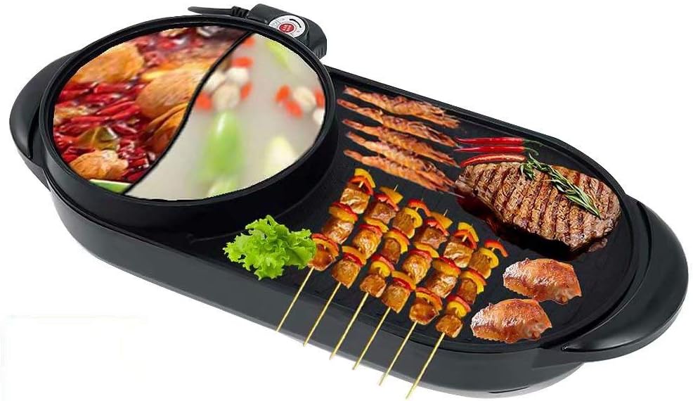 Electric Grill Indoor Hot Pot, Multifunctional Teppanyaki Grill/Hot Pot with Divider Separate Dual Temperature Contral, Capacity for 3-5 People Family Gatherings