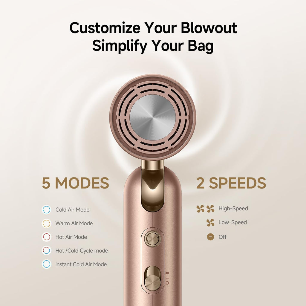 Dreame Pocket Pro Hair Dryer, Dual Voltage Travel Blow Dryer with Diffuser, 1300W Professional HighSpeed Ionic Hair Blower, Fast Drying, Low Noise, Lightweight, No Heat Damage, Global Travel 120V/240V