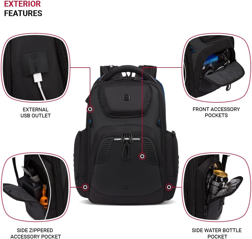 SwissGear Gaming Laptop Backpack with Charger Port (USB), Blue/Black