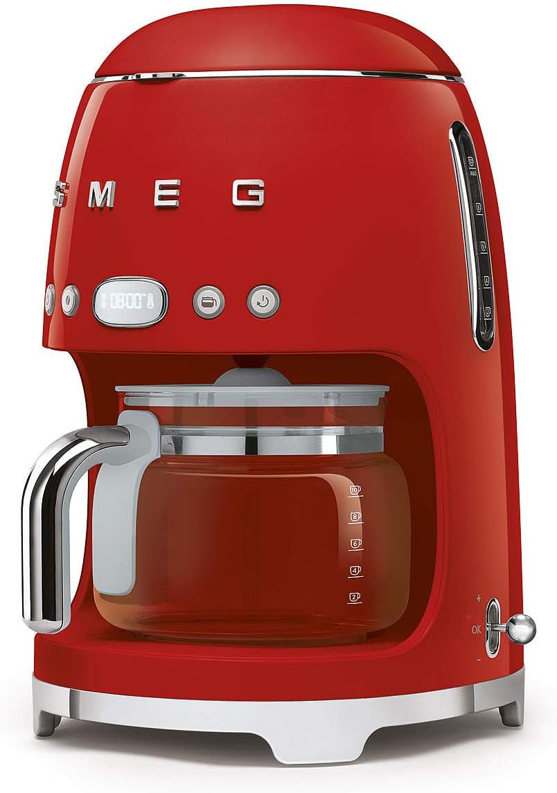 Smeg DCF02RDUK Drip Coffee Machine, Auto-Start Mode, Reuseable Filter, Digital Display, Anti-Drip System, Aroma Intensity Option, 1.4 Litre Tank, Red