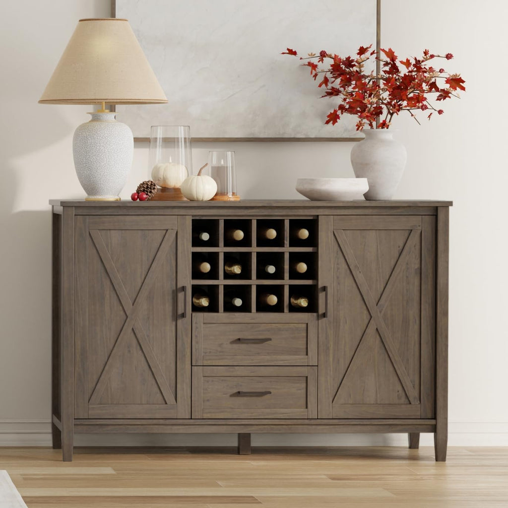 SIMPLIHOME Ela Solid Wood and Pine 54 inch x 18 inch Rectangle Transitional Sideboard with Wine Storage in Smoky Brown for The Dining Room and Kitchen