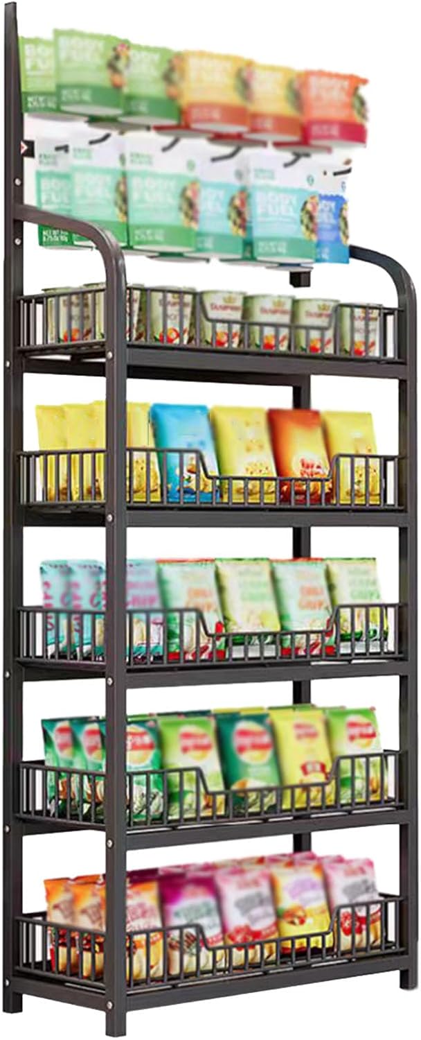 5 Tier Retail Display Rack, Snack Organizer Stand With Wheels & Hooks, Candy Potato Chip Metal Wire Display Shelf Cart for Supermarket and Home Kitchen, Black