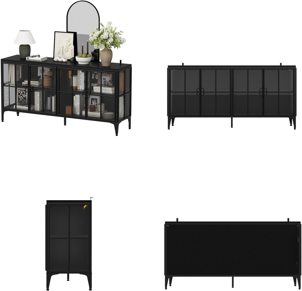 Display Cabinet with Glass Doors & LED Lights, Modern Sideboard Buffet with Glass Shelves, Metal Frame, for Living Room, Black, 63'W x 15.7'D x 31.5'H