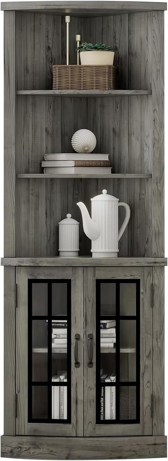 AMERLIFE Curved Corner Storage Cabinet, 65' Tall Freestanding Bookcase with Glass Doors & Adjustable Shelves, 5-Tier Corner Display Cabinet for Living Room, Bathroom, Laundry Room, Washed Grey