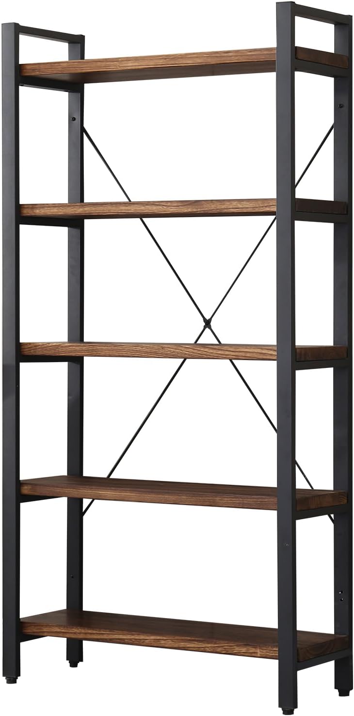 WH-AOERPUMY 5 Tier Bookcase, Solid Wood Bookshelf Rustic Vintage Industrial Etagere Bookcase, Metal and Wood Free Vintage Bookshelf, Retro Brown (5-Tiers)