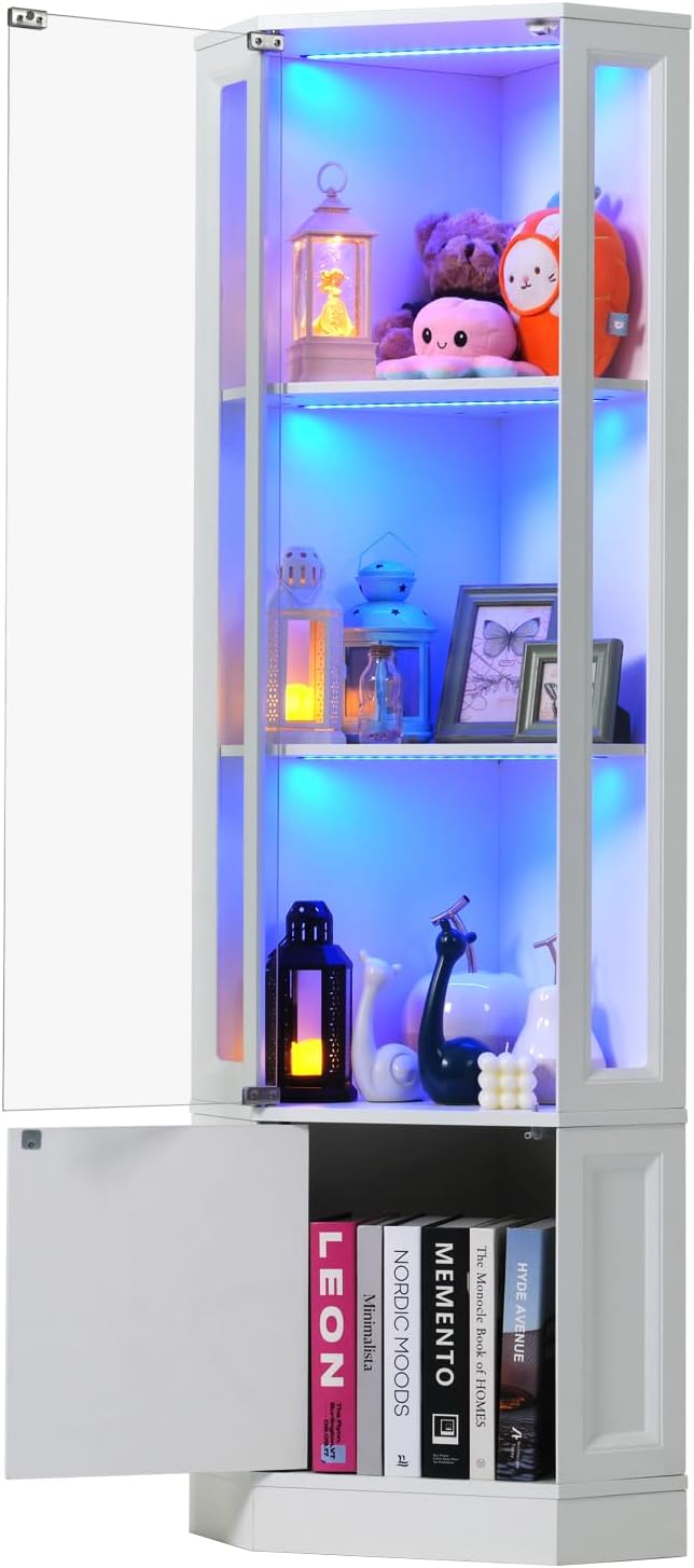 Verano Garden Corner Display Cabinet with Glass Doors, 65' Curio Cabinet w/Multi-Color LED Lights, 4-Tier Lighted Storage Display Case for Collectibles, Showcase Cabinet for Living/Game Room (White)