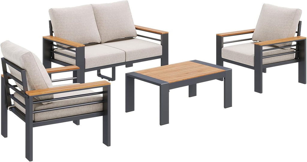 Aoxun Patio Furniture Set, 4 Piece Aluminum Patio Sets with 5' Thicken & Washable Cushion, Waterproof Outdoor Furniture with Coffee Table, Outdoor Couch Sectional for Backyard, Porch and Garden