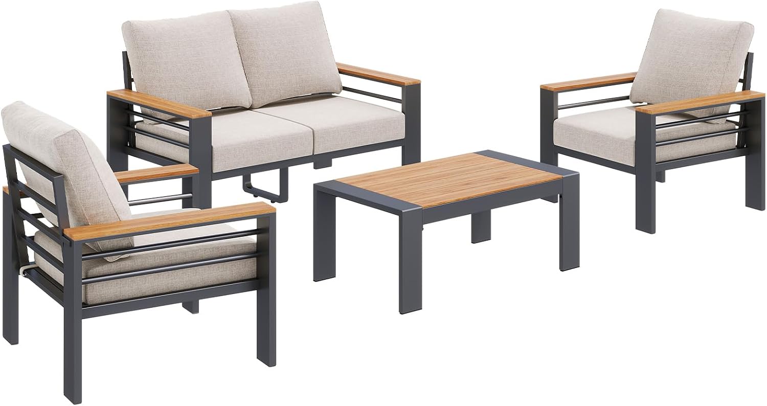 Aoxun Patio Furniture Set, 4 Piece Aluminum Patio Sets with 5' Thicken & Washable Cushion, Waterproof Outdoor Furniture with Coffee Table, Outdoor Couch Sectional for Backyard, Porch and Garden