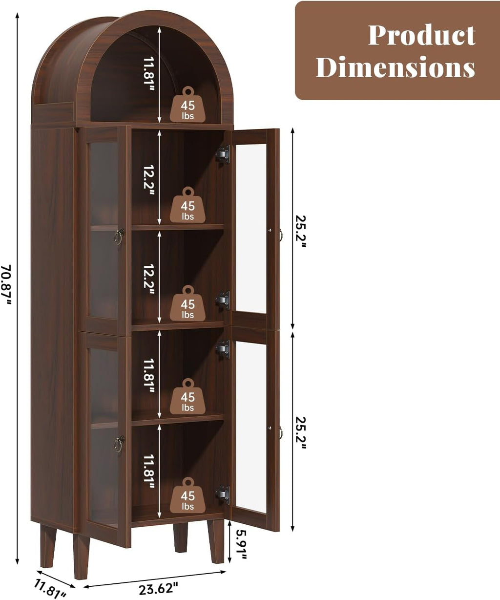 71' Tall Arched Cabinet with Acrylic Door, Modern Curio Arched Bookcase, Display Cabinet Organizer, Kitchen Pantry with Top-Opening Storage Container for Living Dining Room, Brown