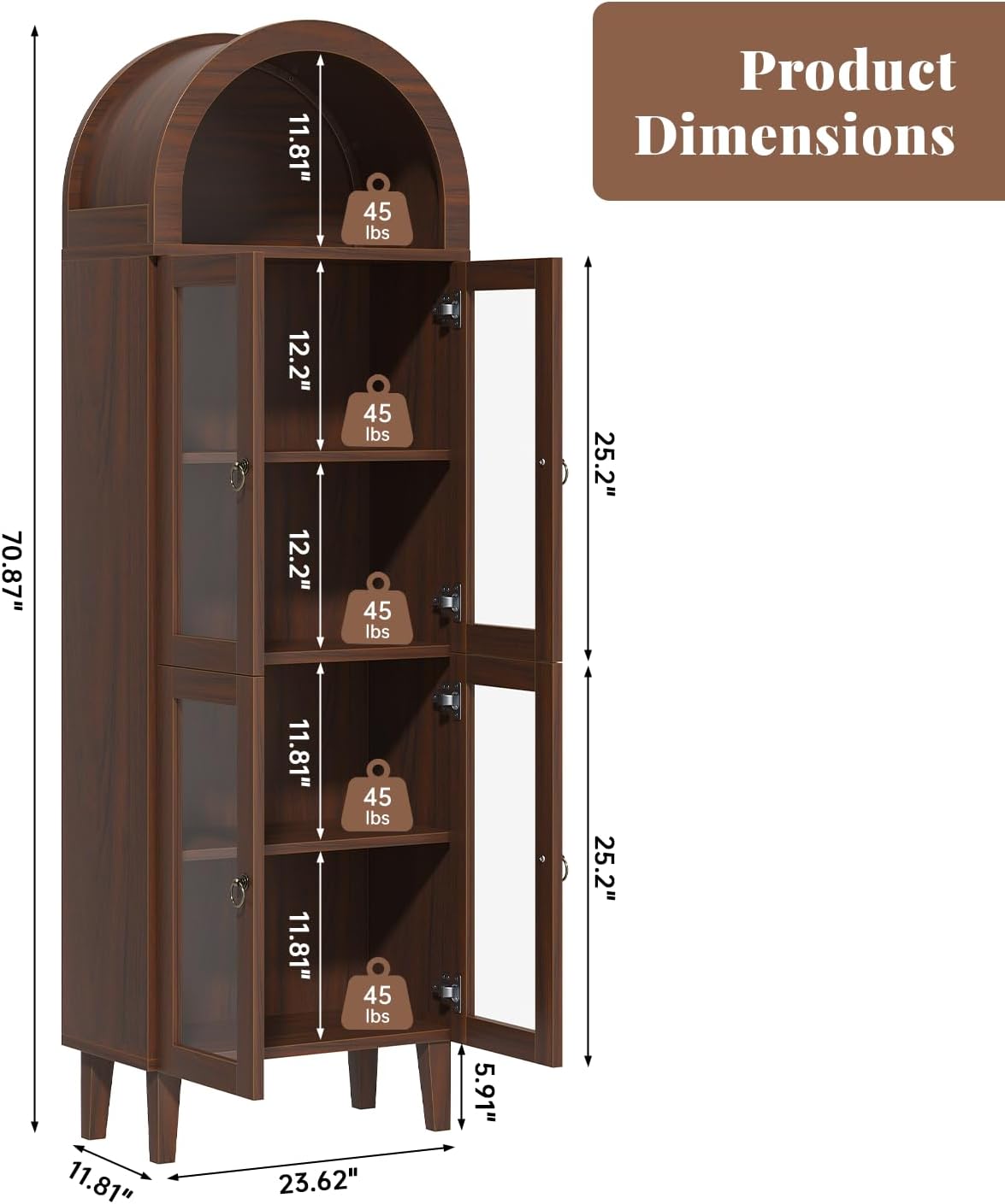 71' Tall Arched Cabinet with Acrylic Door, Modern Curio Arched Bookcase, Display Cabinet Organizer, Kitchen Pantry with Top-Opening Storage Container for Living Dining Room, Brown
