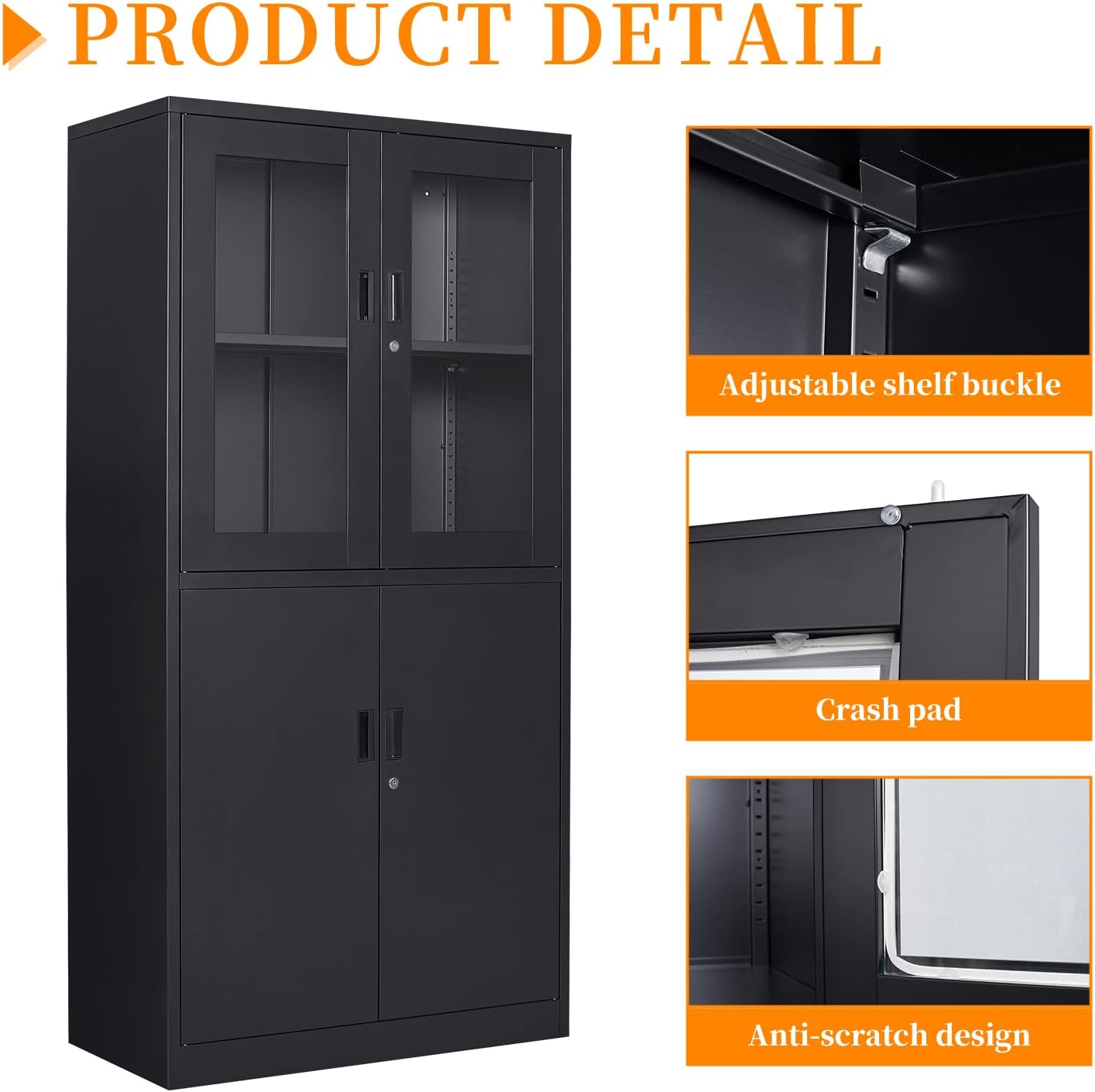 Black Metal Storage Cabinet with Glass Doors, 71' Locking Glass Door Cabinet with 2 Adjustable Shelves, Steel Storage Cabinet with 4 Doors for Home, Living Room, Bathroom